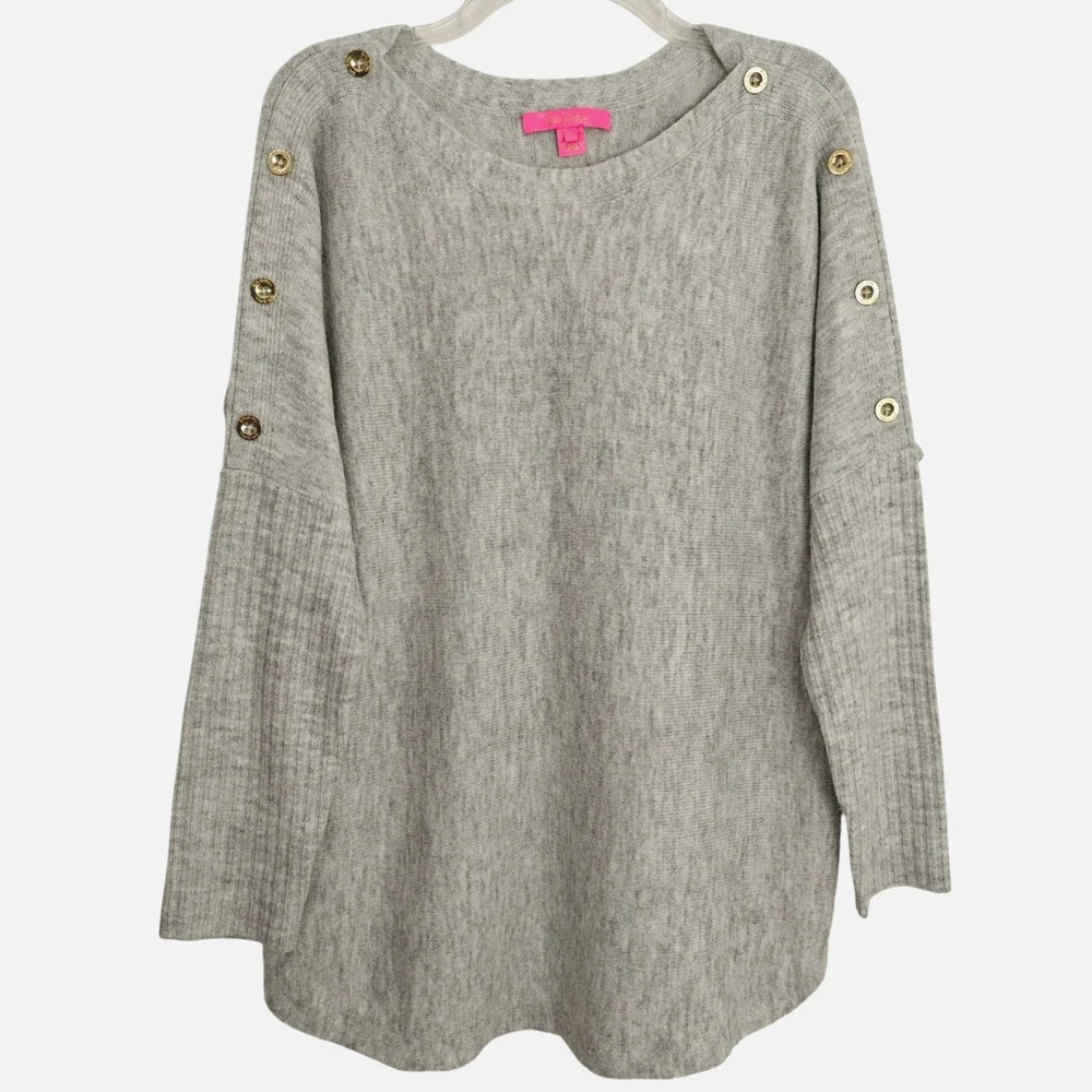 Lilly Pulitzer Arna Pullover Sweater Medium Heathered Seaside Grey Gold Buttons